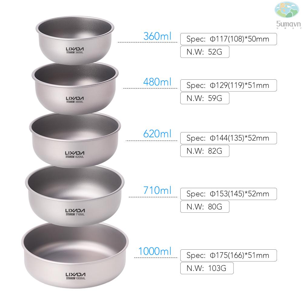 Lixada Titanium Bowls 360ml/480ml/620ml/710ml/1000ml Fruit Vegetable Dinner Bowl Plate Food Container for Home Outdoor Camping Hiking Picnic