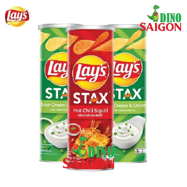 Combo 3 Hộp Bánh Snack Khoai Tây Lay's Stax Thái Lan 105g gồm 2 vị Kem Chua Hành và 1 vị Mực Sốt Cay