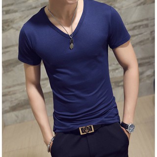 [ Xả Kho Giá Sốc * ] Áo phông nam trơn cổ tim ngắn tay vải cotton lạnh mềm mịn dáng body thời trang