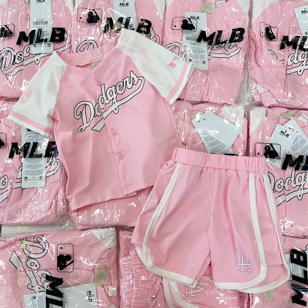Đồ Bộ cộc tay bé gái - Bộ cộc tay MLB hồng bóng chày chất cotton cho bé gái size 90-150