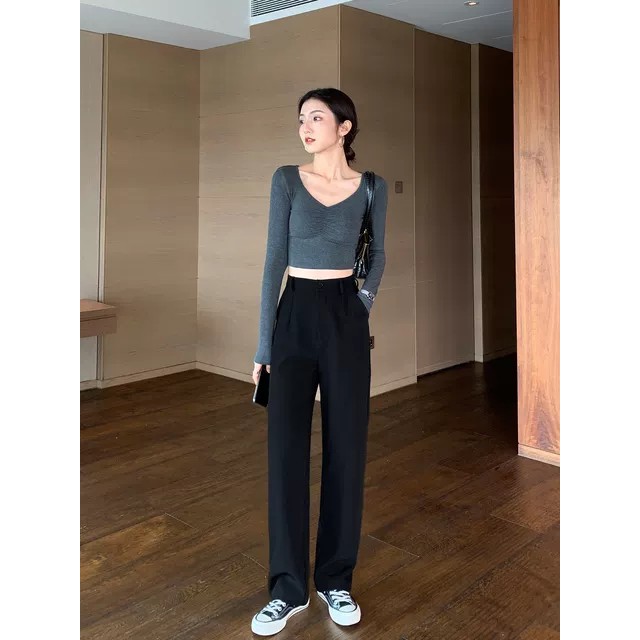 Quần ống suông đen nữ lưng cao dáng dài vải mềm Quần culottes ống rộng cạp cao chất vải tuyết mưa mặc học sinh - công sở