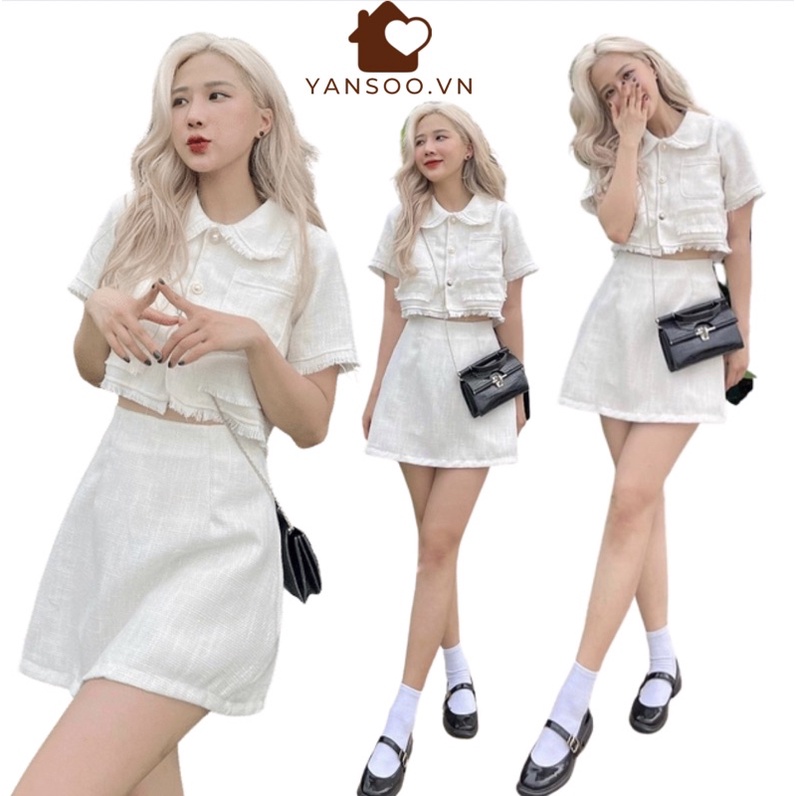 Sét dạ tweed chân váy ,Sét áo somi dạ croptop mic chân váy chữ A có quần trong by YANSOO