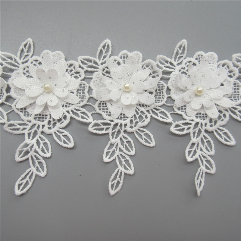 Set 10 Dây Ruy Băng Ren Thêu Hoa Đính Ngọc Trai Giả Bằng Vải cotton Màu Trắng Trang Trí Thủ Công