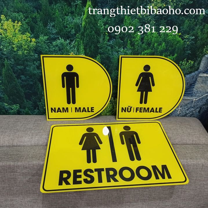 Biển báo nhà vệ sinh Restrom nam nữ chất liệu mica dán decal - hình thật