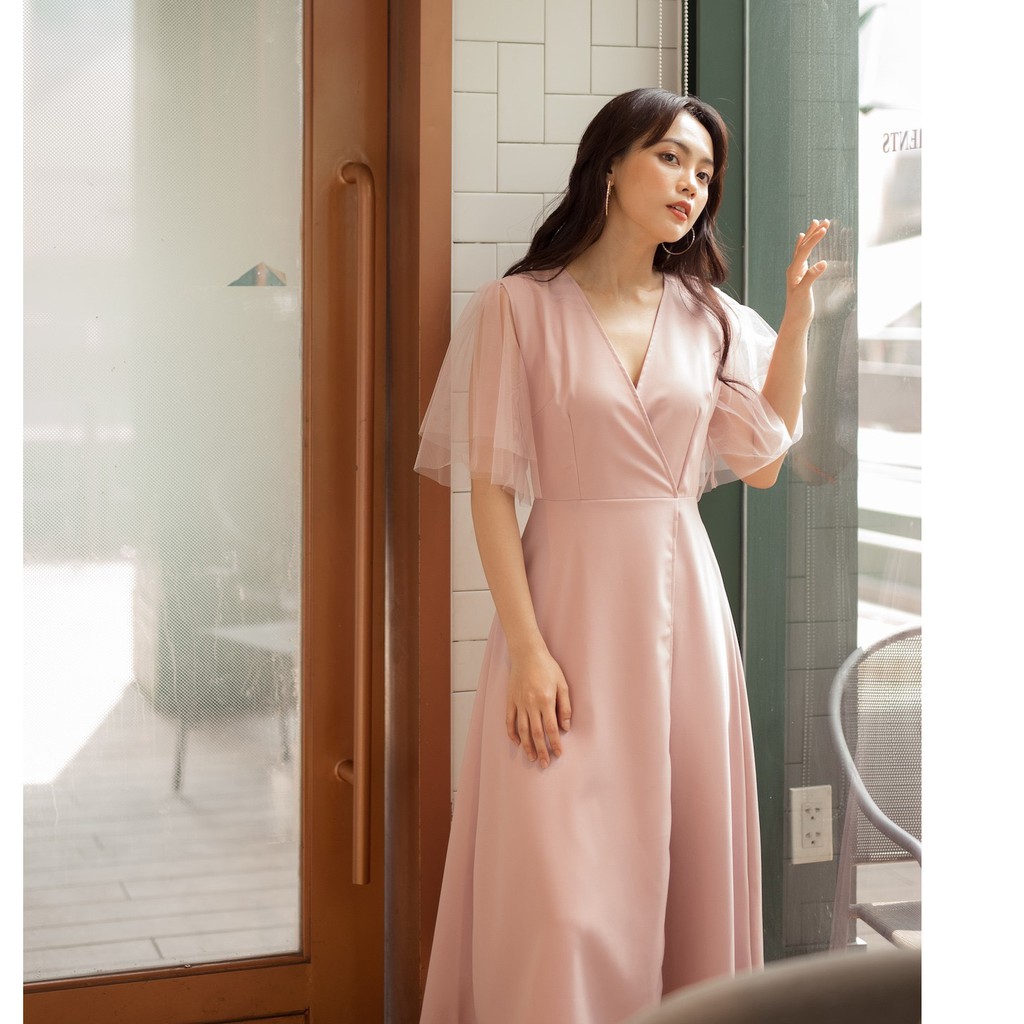 ĐẦM CỔ V ĐẮP CHÉO PHỐI SHEER - D1116