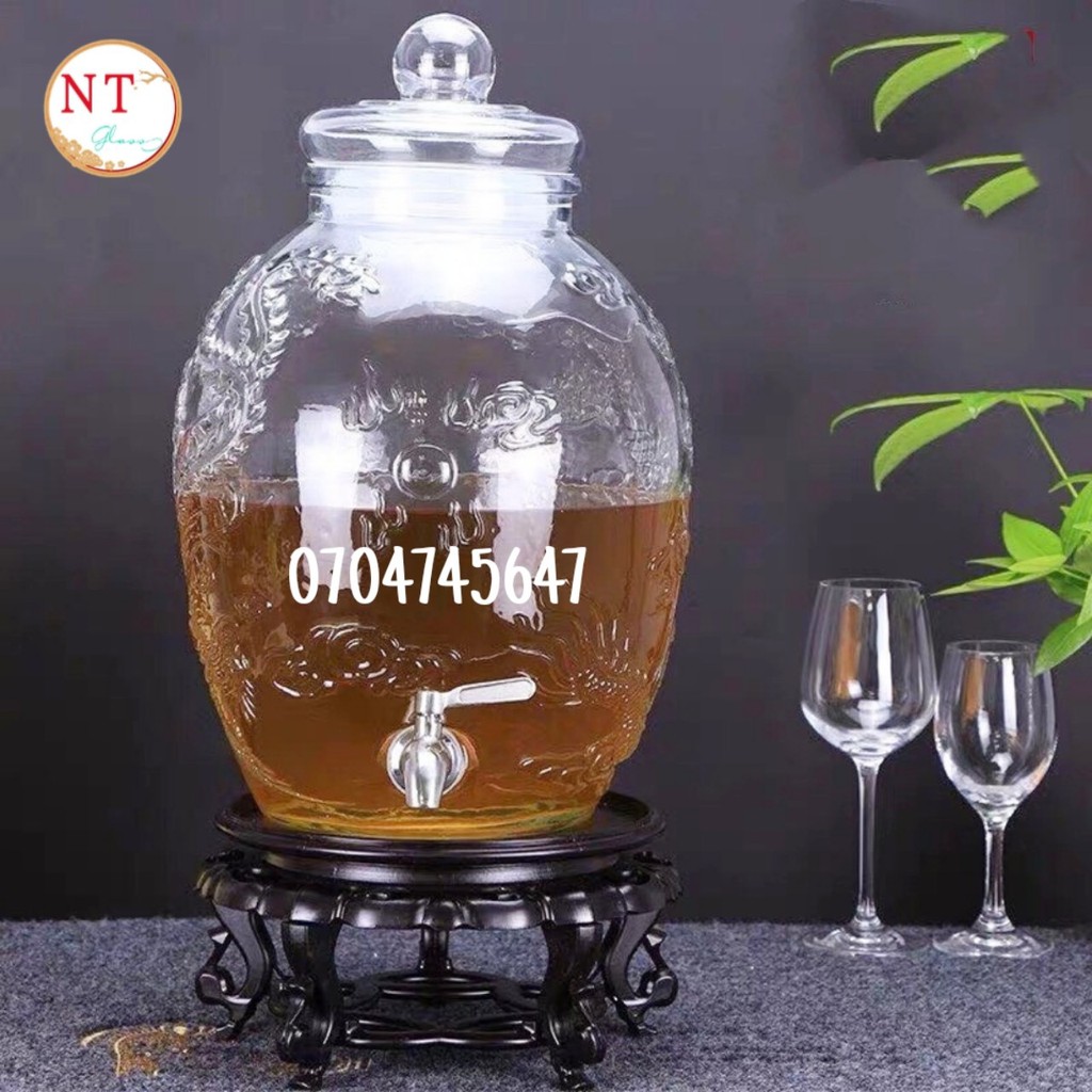 Bình Ngâm Rượu Thủy Tinh Họa TIết Hoa Văn Rồng Phụng 10 lít ( Có van & Không van)