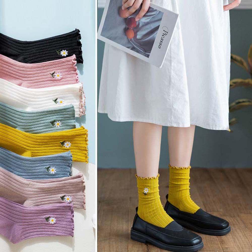 Vớ Cotton Màu Trơn Thoáng Khí Thoải Mái Họa Tiết Hoa Phong Cách Hàn Quốc Cổ Điển Cho Nữ