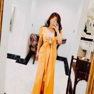 Đầm vàng midi cột nơ ngực ( ảnh thật )