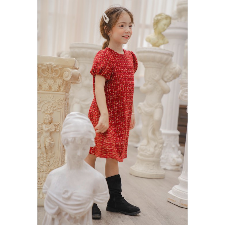 Đầm thiết kế tay bồng dạ Tweed ánh kim Đỏ - Juliette Dress