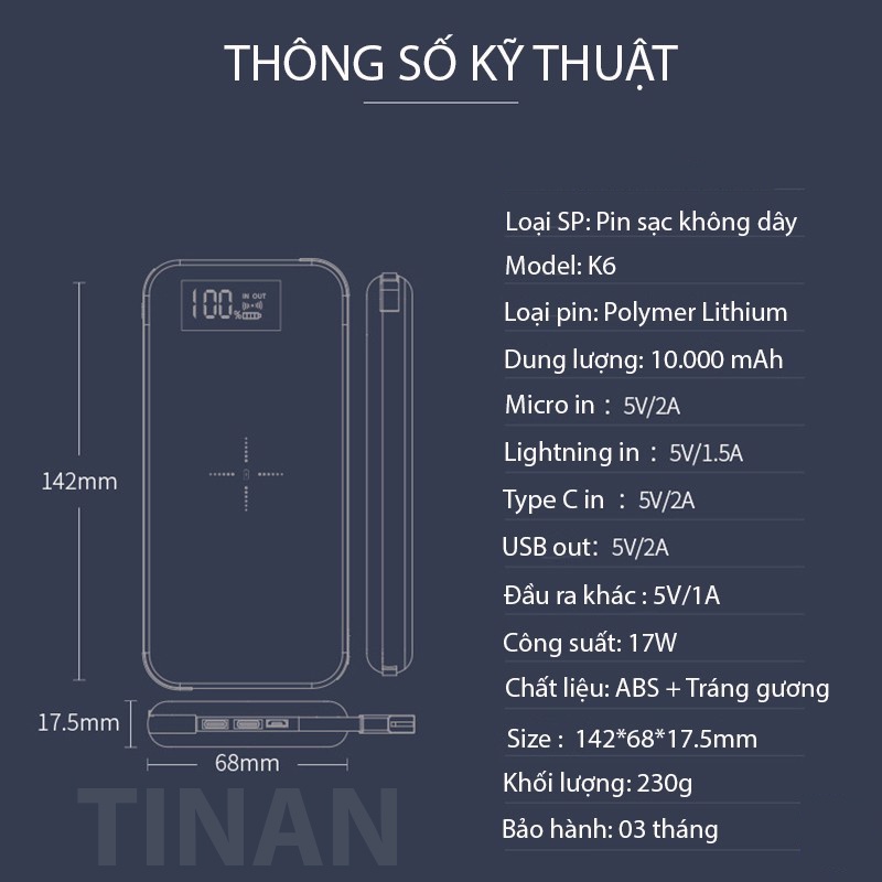 [10000 mAh] Sạc Dự Phòng Tích Hợp Sạc Không Dây K6, Hiển Thị Pin, Sạc 4 Thiết Bị