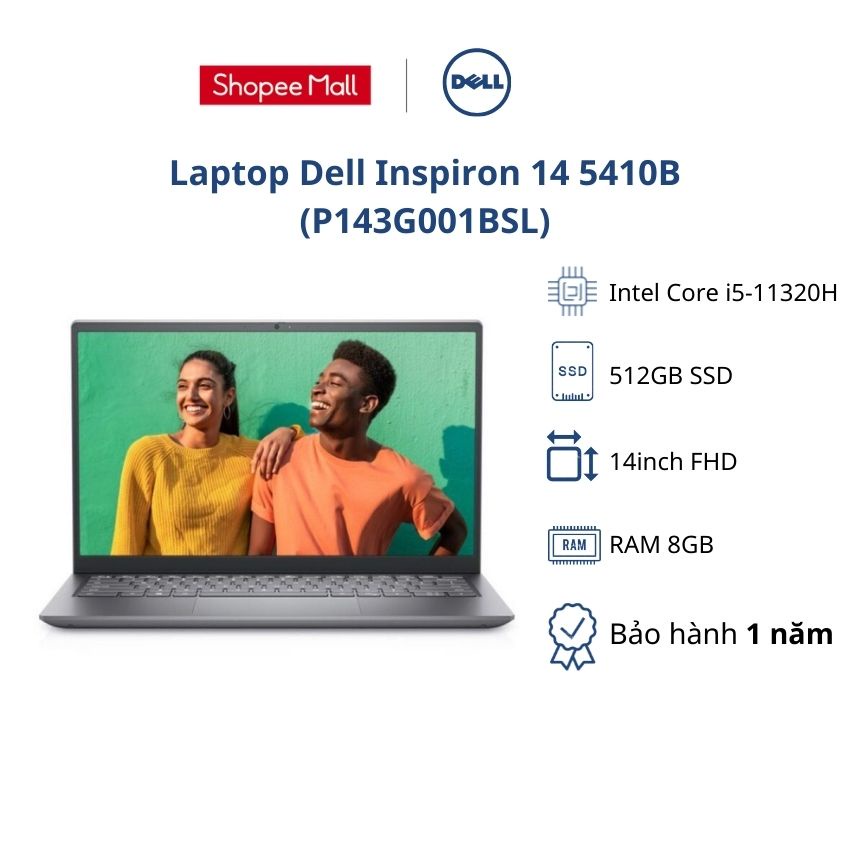 Laptop Dell Inspiron 14 5410B (P143G001BSL)/ Silver/ Intel i5-11320H/RAM 8GB/ 512GB SSD/ Intel Iris Xe Graphics/14'' FHD