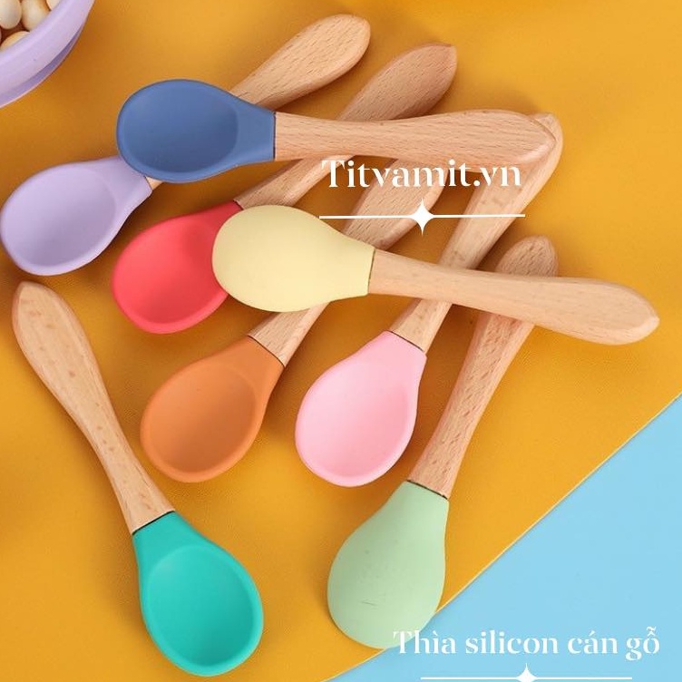 Thìa Silicon Cán Gỗ, Thìa Ăn Dặm, Muỗng Ăn Dặm Cho Bé