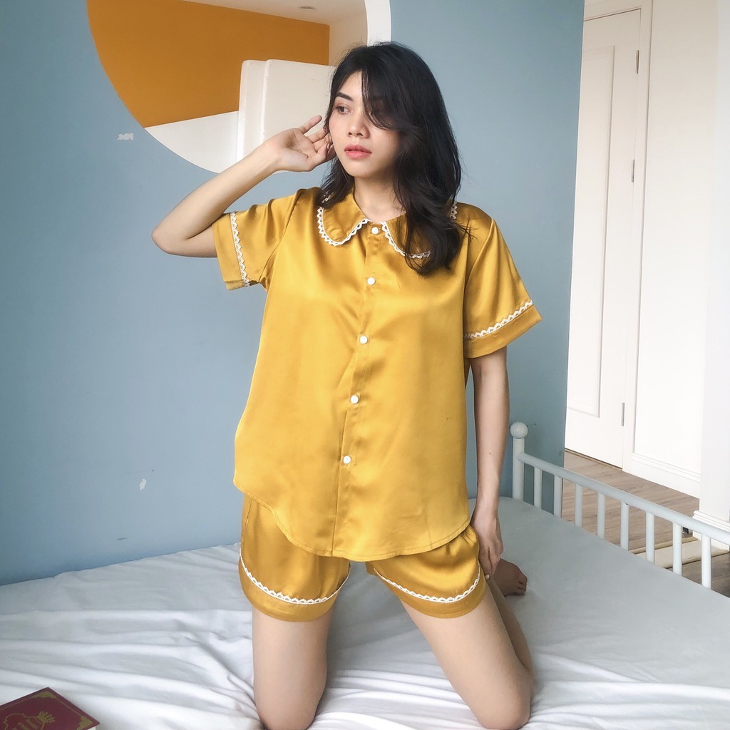 Bộ ngủ, mặc nhà pijama lụa satin cao cấp viền ren(Hàng có size).