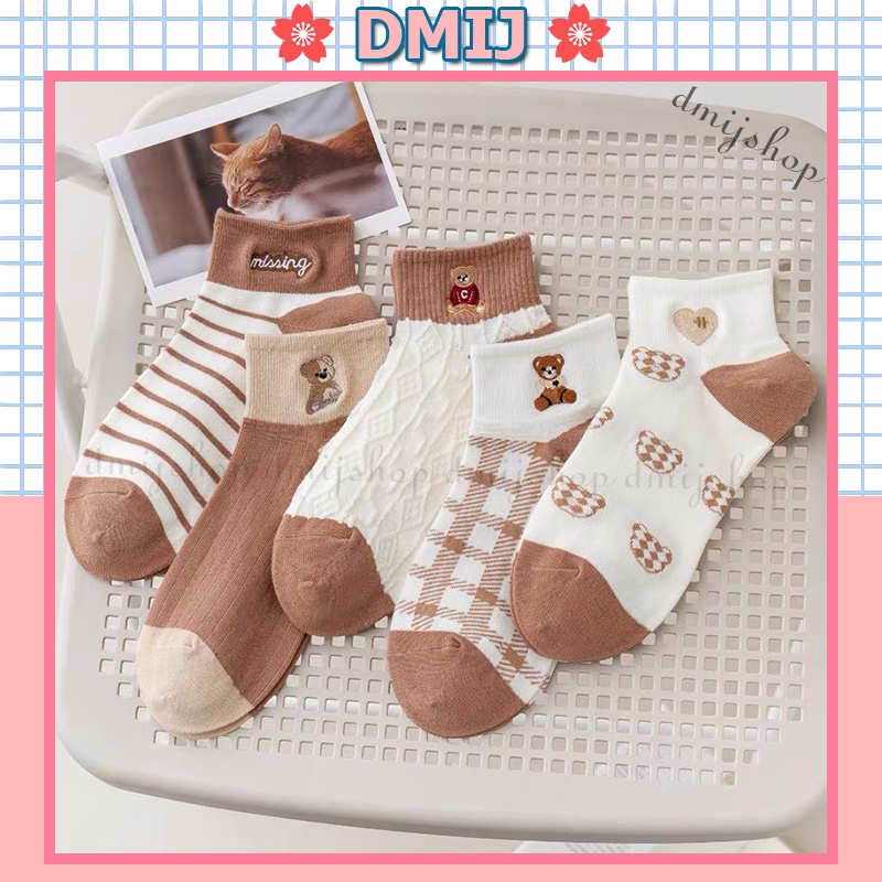 Set 5 đôi tất nữ cổ thấp họa tiết Gấu Chữ Missing T27