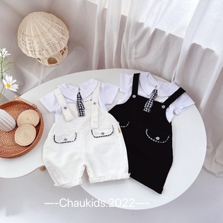 Yếm kaki 2 túi cà vạt kẻ cho bé