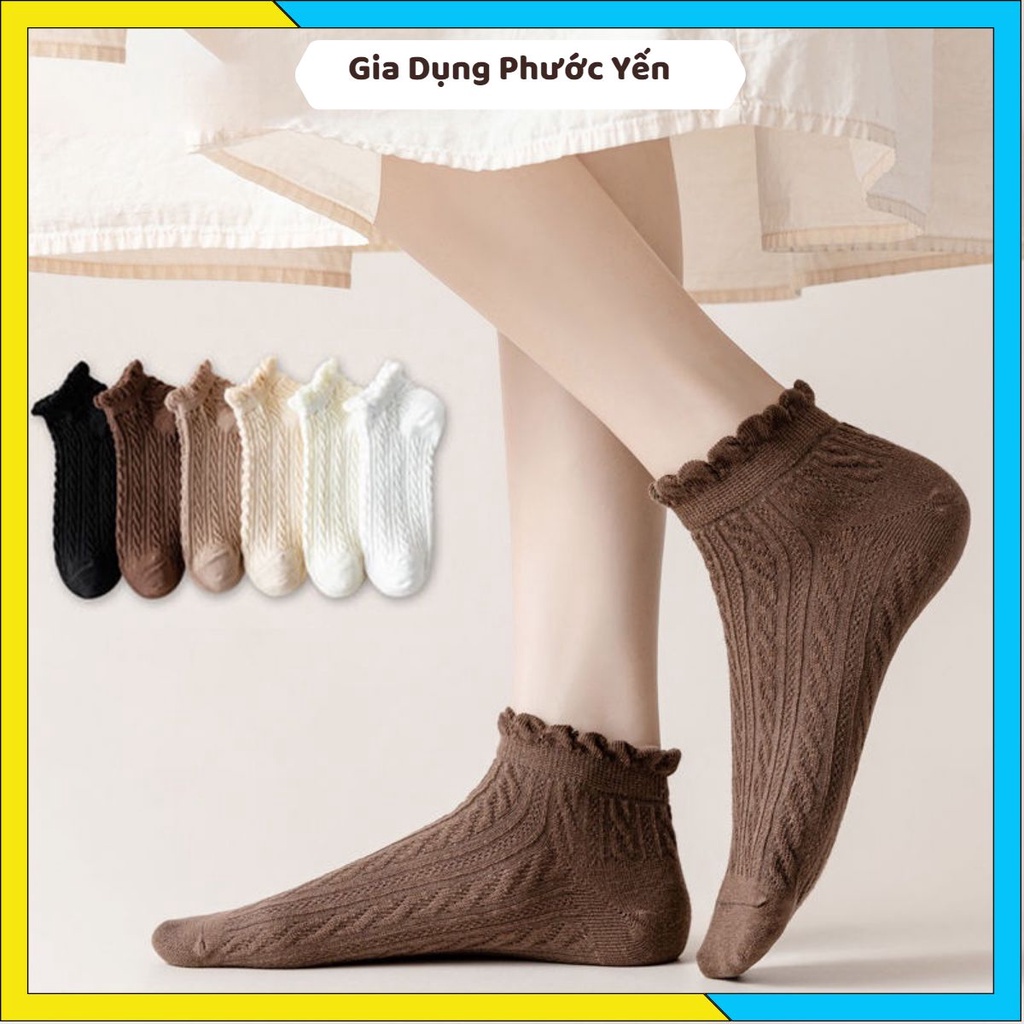 Tất vớ ren cổ bèo ngắn chất liệu len vặn thừng màu trơn thoáng khí chống hôi chân cho nữ