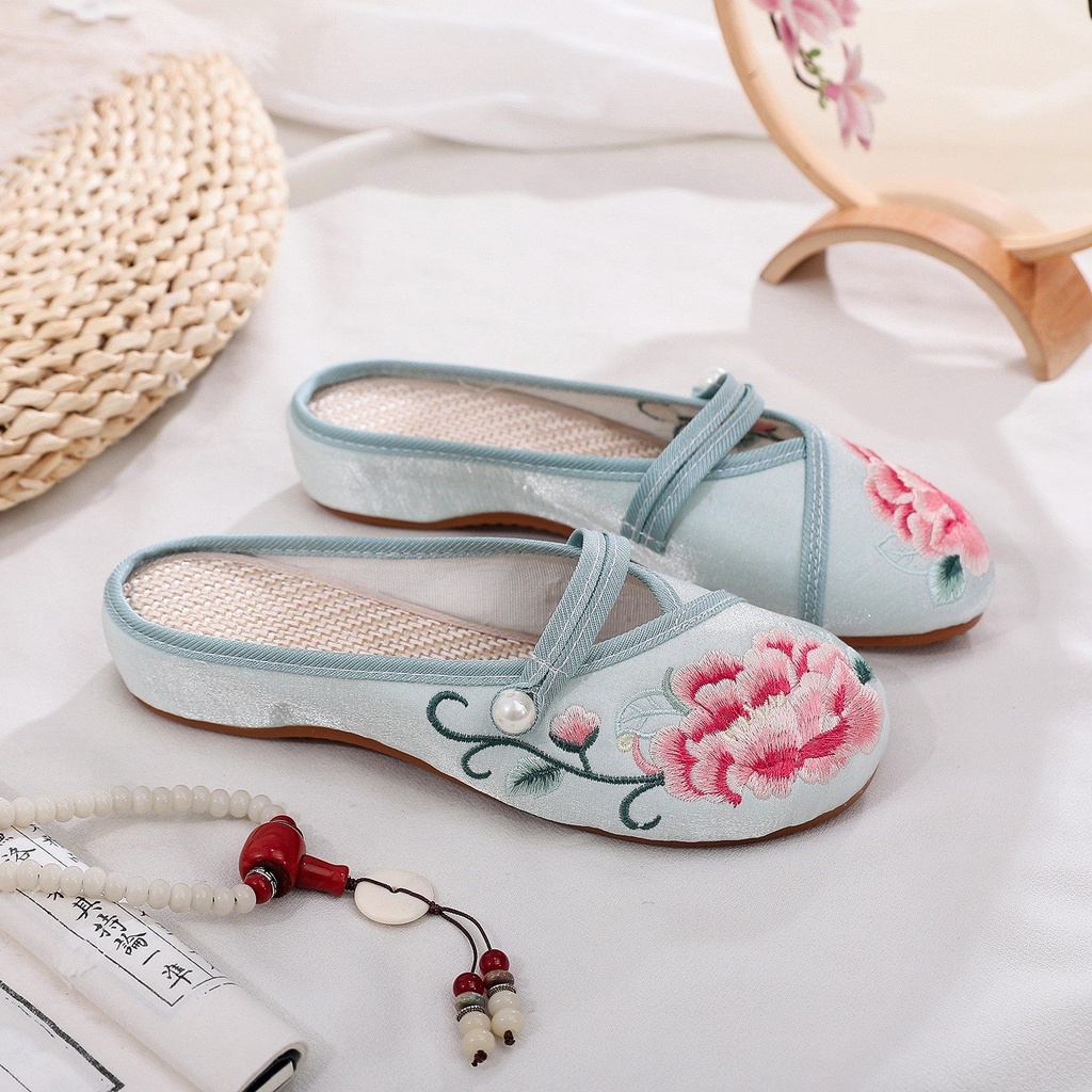 Dép Vải Satin Thêu Họa Tiết Đầu Tròn Phong Cách Trung Hoa Mới 2022