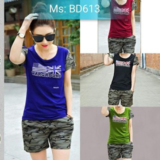 Set bộ đồ thể thao short họa tiết lính