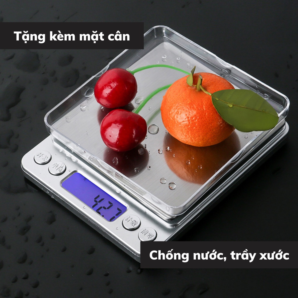 Cân tiểu ly mini điện tử định lượng 0,1-2kg làm bánh nhà bếp nhỏ gọn thiết kế thông minh tặng 2 viên pin AAA và mặt cân