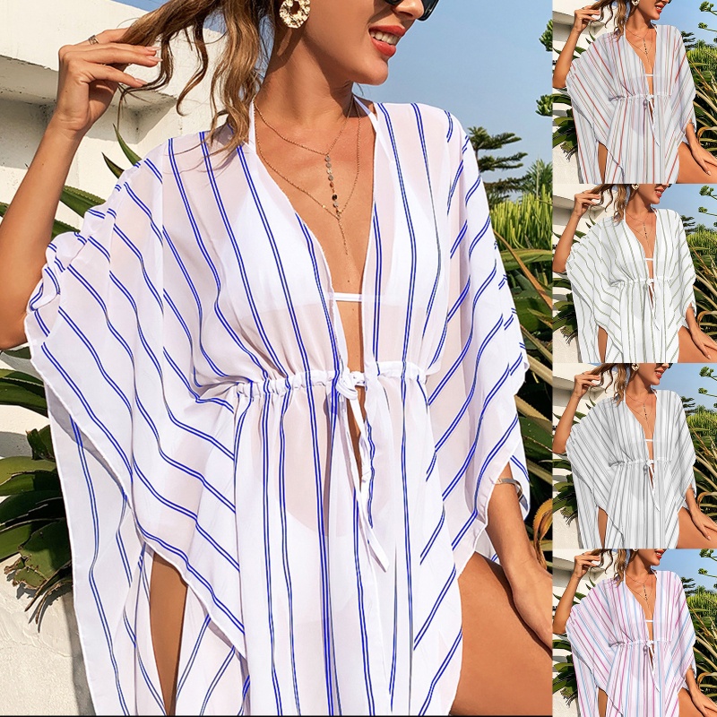 Brroa Áo Khoác Ngoài Bikini Dáng Rộng Họa Tiết Kẻ Sọc Thời Trang Đi Biển Xinh Xắn Cho Nữ