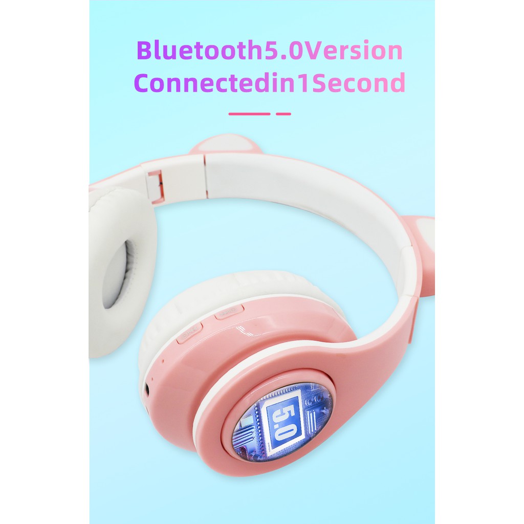 Tai Nghe Mèo Bluetooth, Headphone B39 Tai Mèo Dễ Thương Có Mic,Âm Bass Mạnh Mẽ Và Dung Lượng Pin Khủng 400mAh BH 12T