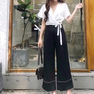 ÁO VAI VẠT CHÉO NƠ EO + QUẦN ỐNG RỘNG