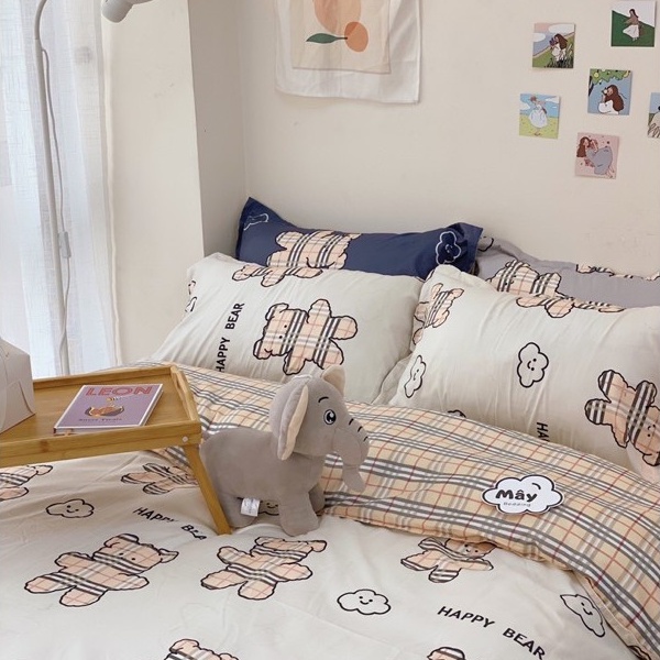 Bộ chăn ga gối Cotton Poly Mây Bedding hoạ tiết Gấu caro kẻ đủ màu xanh dương xám trắng MÂY BEDDING đủ kích thước nệm