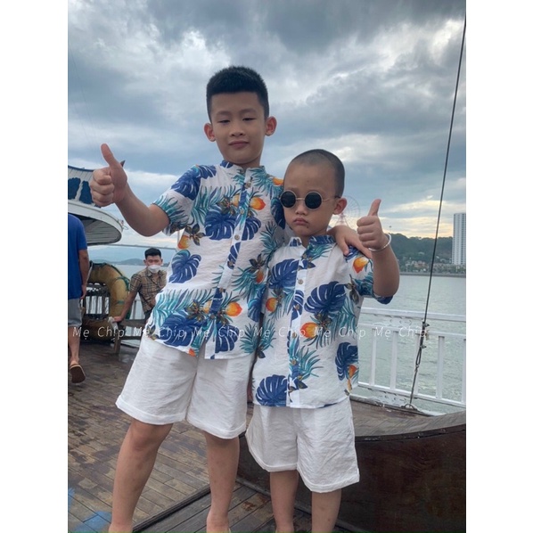 Bộ đồ đi biển bé trai 1-7 tuổi áo sơ mi quần đùi hoạ tiết hoa lá chất tơ đũi Quần áo trẻ em