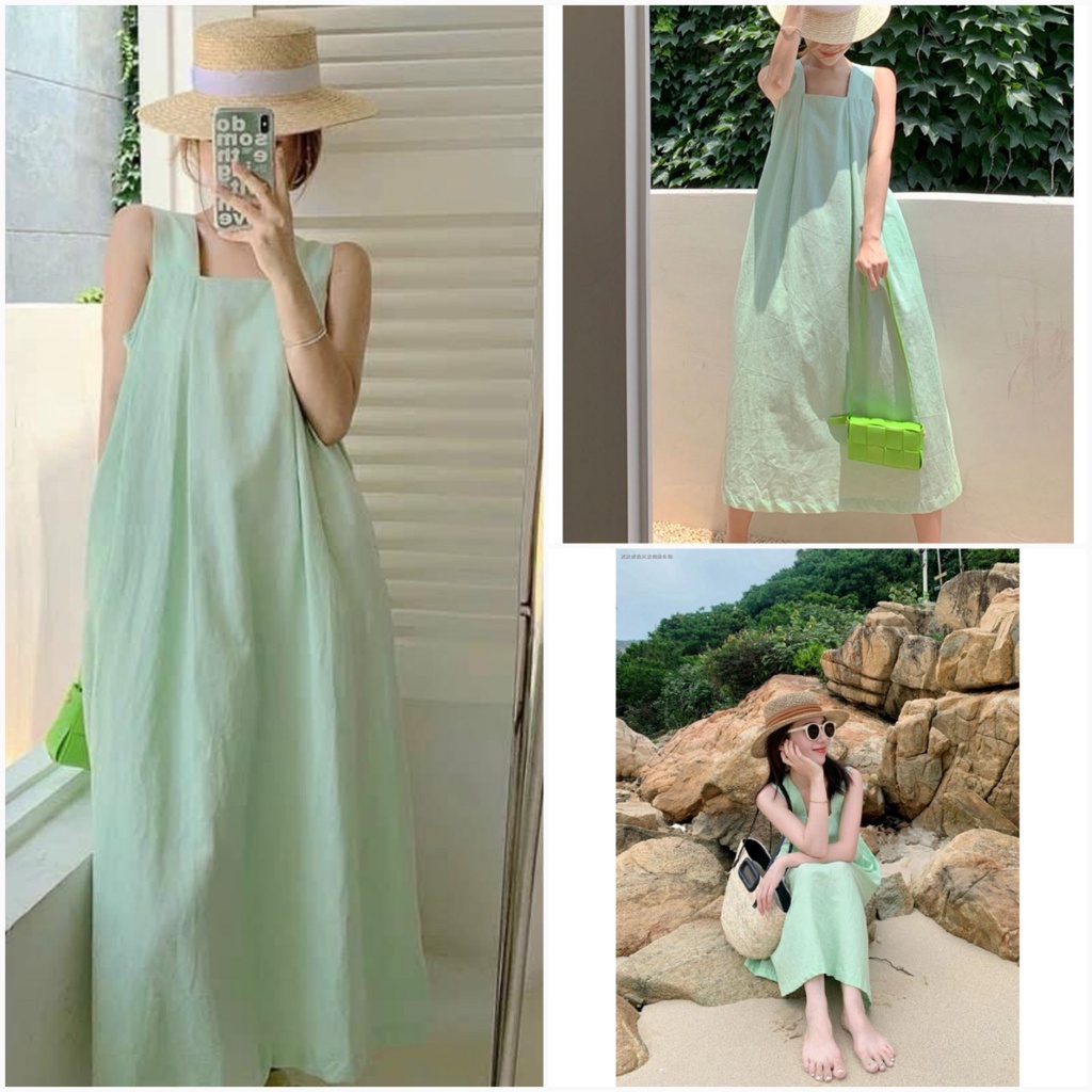 Đầm 2 dây bản to dáng dài, váy bầu bí đi biển phom rộng màu xanh nhẹ nhàng