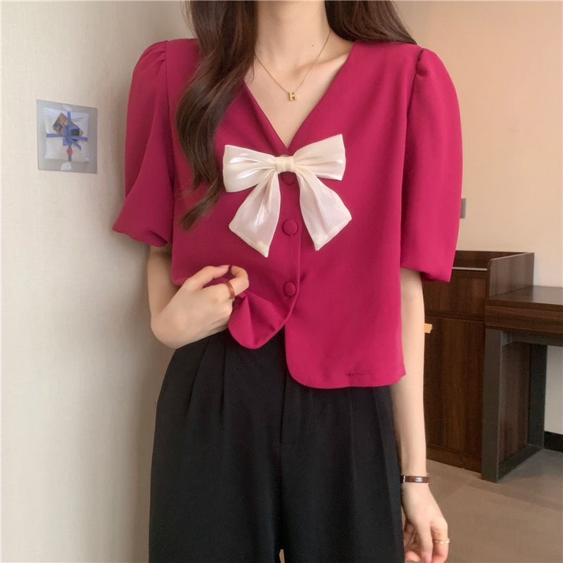 Áo Sơ Mi Ngắn Cổ Chữ v Thắt Nơ Dành Cho Nữ  tao bao