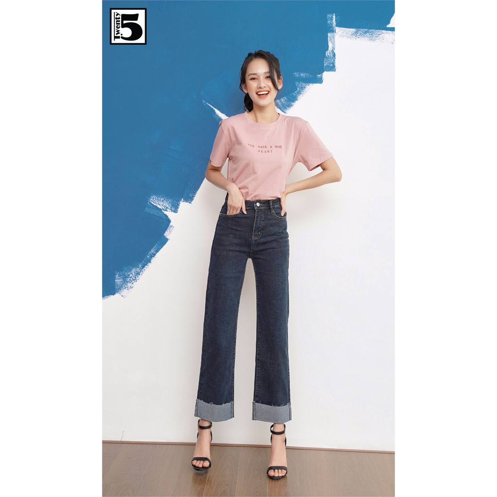 Quần jeans nữ dáng suông lưng cao gập gấu lật cá tính Twentyfive 3388M