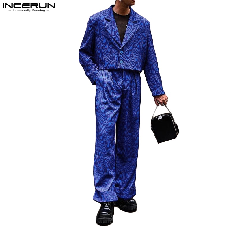 Set trang phục INCERUN áo khoác blazer dáng ngắn và quần dài in họa tiết phong cách vintage thời trang cho nam