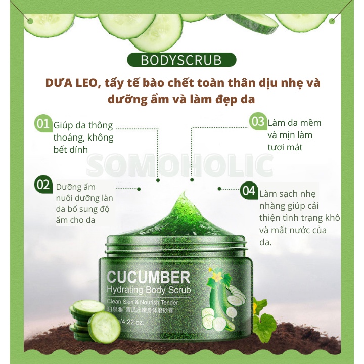 Tẩy da chết toàn thân body dưỡng da trắng sáng mềm mịn chiết xuất Cucumber Bioaqua Somoholic TDC1-CUCUMBER