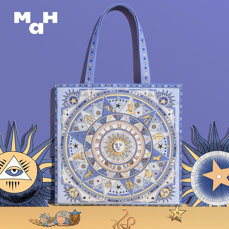 Túi tote đeo vai MAH bằng vải họa tiết ngôi sao xanh dương sức chứa lớn thời trang cho nữ