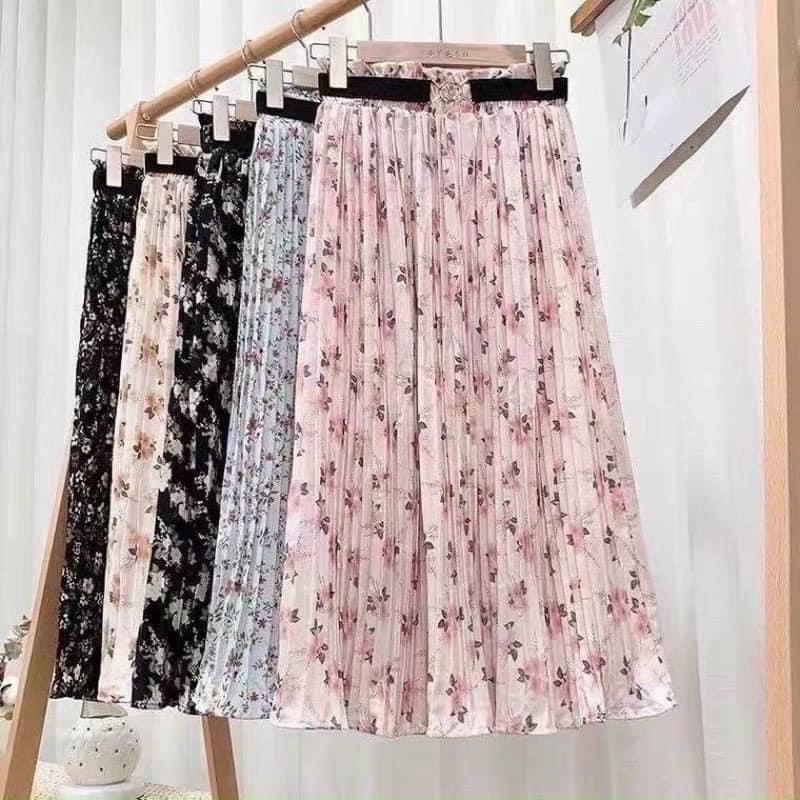 chân váy hoa dập li 2 lớp quảng châu kèm đai