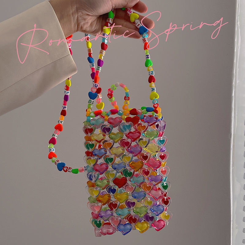 Túi xách đính hạt thủ công hình trái tim màu sắc xinh xắn cho nữ