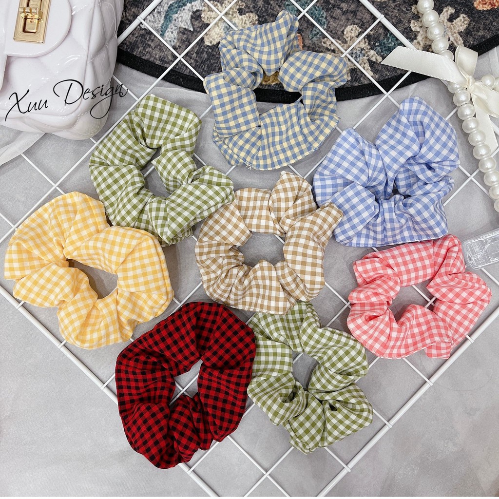 Dây buộc tóc scrunchies đeo tay kẻ caro phong cách Hàn Quốc - Xuu Design