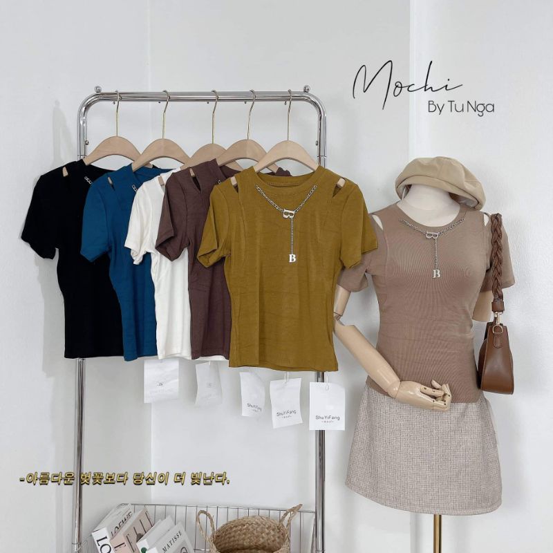 Áo thun tăm khoét vai dây xích