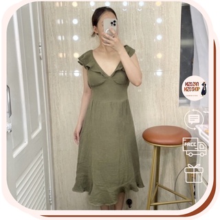 Váy maxi bánh bèo nữ dáng dài, đầm hở lưng màu xanh rêu form xòe