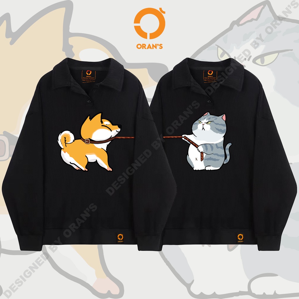 Áo Sweater Polo dài tay in hình chó mèo mã 07 chất nỉ cotton da cá cổ bẻ unisex oversize - ORAN'S SWEATER POLO