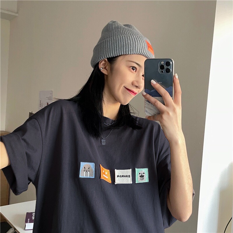 Áo phông nam nữ form rộng 2N Unisex thun cotton thêu 4 logo trắng/xanh/xám chì