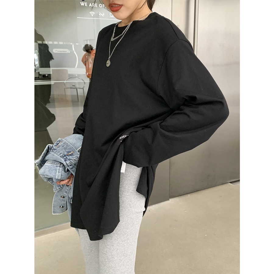 Áo thun tay dài màu trơn dáng rộng phong cách thiết kế Hàn Quốc