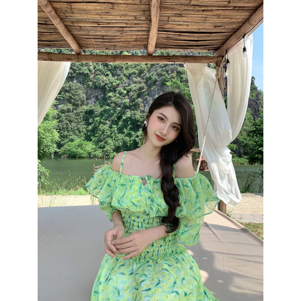 Đầm maxi dài 2 dây trễ vai váy nữ vải tơ hoạ tiết hoa in thiết kế mặc đi chơi du lịch biển nghỉ mát resort dự tiệc