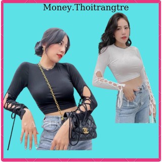 Áo Thun Croptop Nữ Kiểu Tua Đan Dây Dài Tay Ôm Body_ Áo Crop Top Crt Tay Dài  Đan Dây Tay Dài Trẻ Trung Màu Trắng, Đen