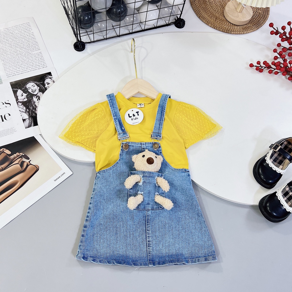 Yếm váy bò jean cho bé gái nơ xinh xắn từ 10kg đến 22kg - bộ đồ bé gái Áo cotton phối bèo kết hợp yếm jean giặt mềm.