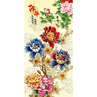 Tranh dán tường khổ dọc HD Hoa mẫu đơn thư pháp Tài Lộc HUD0640 Kim sa