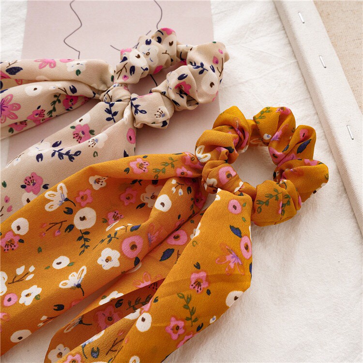 Dây buộc cột tóc vải hoa vintage scrunchie nơ dài xinh xắn thời trang nữ - Mã SC045
