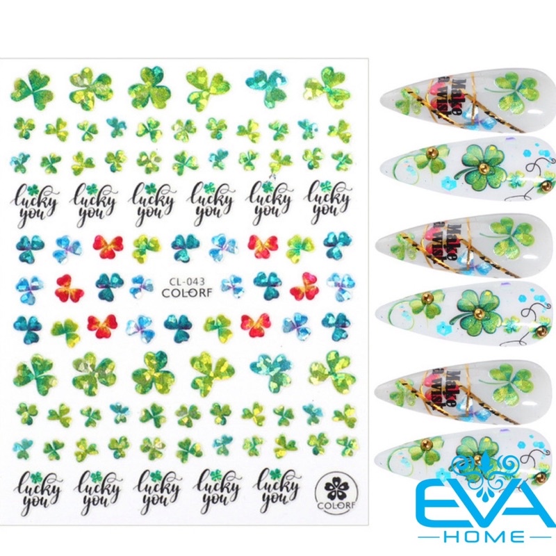 Sticker Dán Móng Tay 3D Dạng Decal Dán Chống Nước Hoạ Tiết Cỏ 3 Lá 3 leaf clover Lucky you Ánh Nhũ  