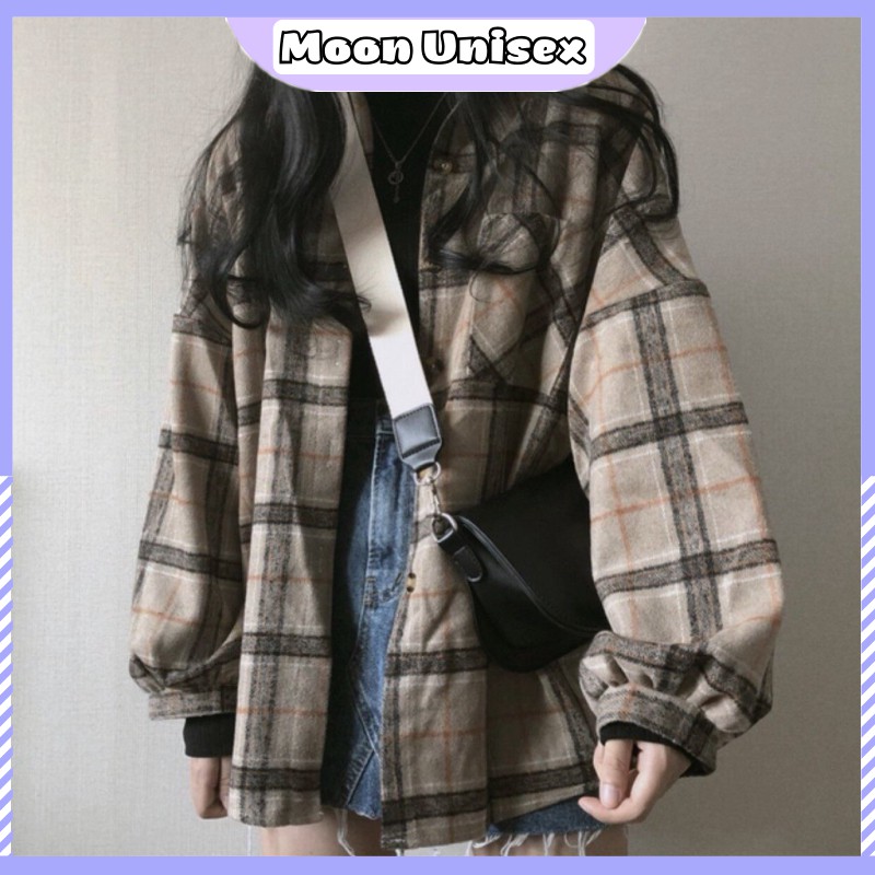 Áo sơ mi nam nữ kẻ caro br túi ngực tay bồng/ Áo sơ mi kẻ nâu dài tay có túi unisex