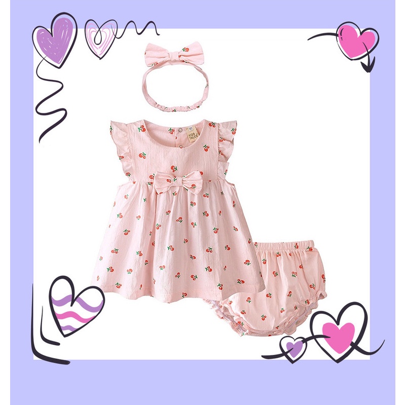 Set Đồ 3 Món Gồm Đầm Công Chúa Không Tay In Hoa + Băng Đô + Quần Thời Trang Mùa Hè Cho Bé Gái